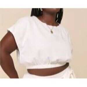 Lulus Short Open Sleeve Cinched Waist Linen Crop Top Blouse Sz Small Womens Whit